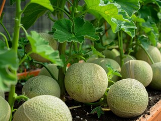 A bunch of green melons are growing on a plant. The melons are small and round, and they are surrounded by green leaves. Concept of growth and abundance