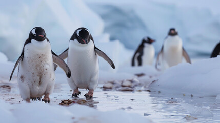 Charming Colony: Penguins Parade on Icy Antarctic Coastline