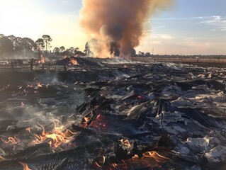 A large fire is burning in a field. The fire is very large and is surrounded by a lot of smoke. The sky is blue and the sun is setting