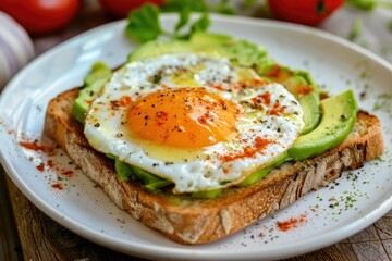 Toast with eggs and avocado. Healthy food vegetarian breakfast. 