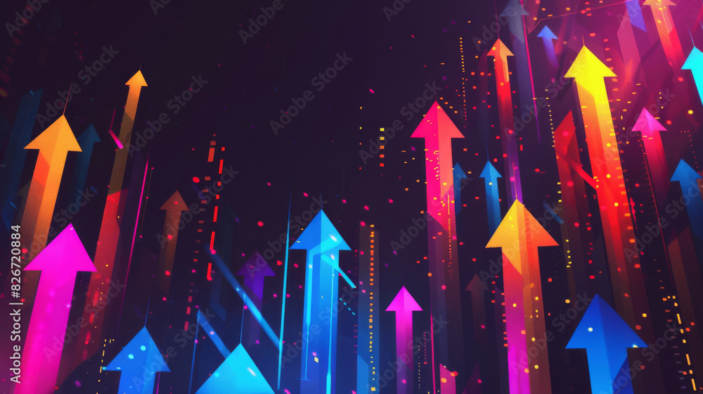 Poster vibrant abstract image illustrating growth, progress, and success with upward arrows and particles