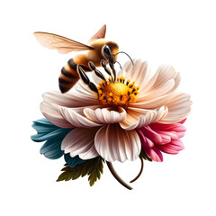 Pszczoła lądująca na kwiatku na białym tle