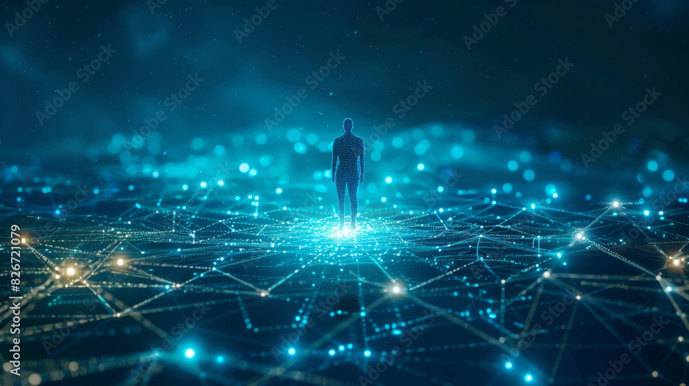 Poster 3d rendering of a human avatar in a futuristic digital network environment
