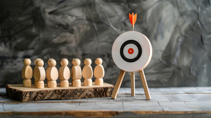 Wooden pawn figures aiming darts at a target, representing teamwork and concentration