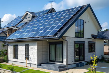 Solar panels installed on the roof rooftop of a residential modern house. The panels are arranged in rows and efficiently utilize available sunlight.