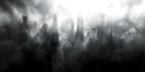 A Dystopian City: Skyscrapers, Oppressive Atmosphere, and Monochrome Palette. Concept Dystopian City, Skyscrapers, Oppressive Atmosphere, Monochrome Palette
