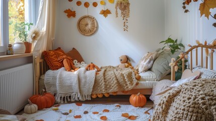 Cozy and Inviting Child's Bedroom Decorated with Handmade Crochet Fall Decorations, Including Small Pumpkins and Leaf Garlands