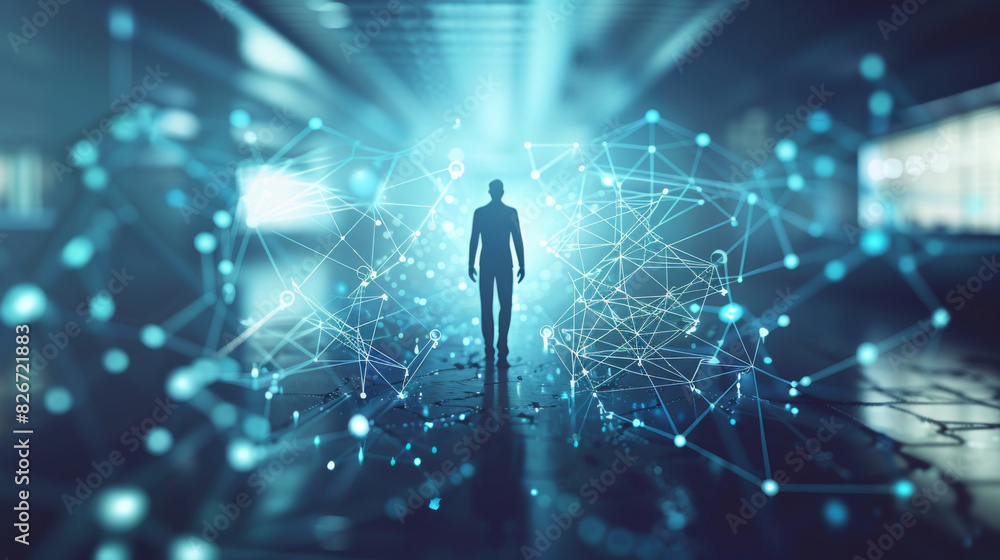 Poster conceptual image of a person amidst digital network nodes, symbolizing connectivity and innovation