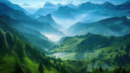 Mountains natural beauty shrouded in mist under a sky of green and blue