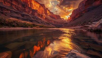 Sunset over the Grand Canyon, serene water in canyon walls reflecting light, warm tones of orange and red, tranquil atmosphere, high resolution photography, realistic