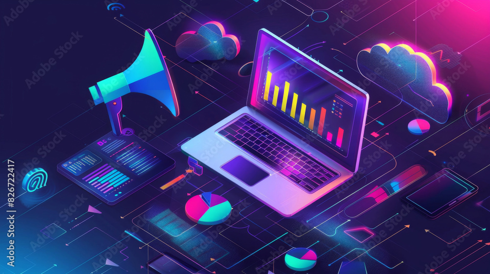 Poster Lively 3d rendering of digital marketing tools and data analysis on a virtual interface