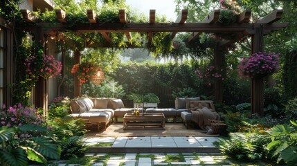 Obraz premium A lush green garden with a wooden pergola and a patio area with a table