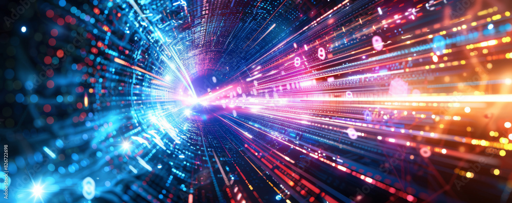 Poster abstract background with colorful light rays and laser beams, glowing lines in motion blur on dark b