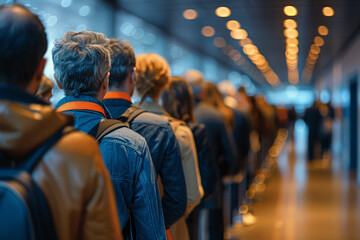 Unemployed individuals standing in line at a job fair, hoping for employment opportunities. Concept of job loss and financial insecurity. Generative Ai.