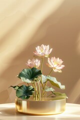 golden pedestal. Lotus, lily flowers. water lilies plant. advertising. minimalism. podium for product demonstration. Asian Chinese style. Concept of calmness, yoga. Natural.