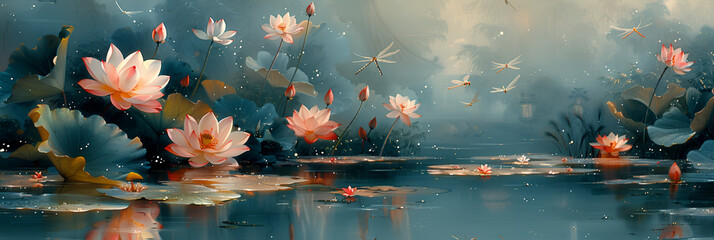 Immerse Yourself in the Tranquility of a Lotus,
A Tranquil Pond Surrounded By Blooming Lotus Background

