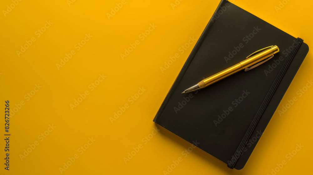 Poster top view of an elegant black notebook with a gold pen, isolated on a vibrant yellow surface
