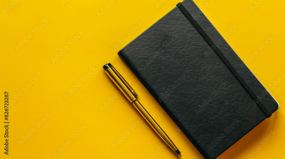Poster black textured notebook closed next to a pen on a bright yellow background