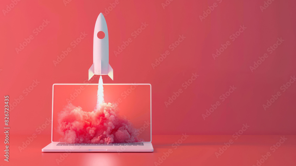 Poster 3d rendering of a rocket launching from a laptop on a red backdrop