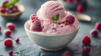Close-up a bowl of raspberry ice cream garnished with fresh berries and mint leaves. Summer frozen...