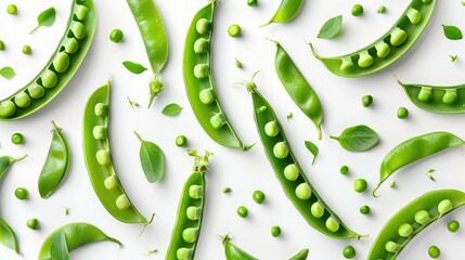 green peas with the protein power of green peas, the concept of plant protein isolated on a white background. Top view flat lay Generative AI