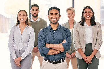 Business people, happy and team in office with portrait, professional and proud for reputation...