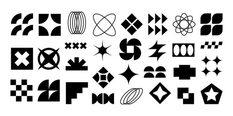 Brutalism elements big set. Y2K. Neobrutalism style. Neubrutalism geometric abstract shapes. Retro Vintage black shapes. For modern, trendy and contemporary designs. For unique and contrast collages