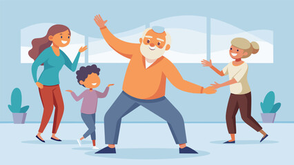 An older gentleman beaming with pride as he shows off his newly learned dance steps to his family at a community center dance class.. Vector illustration