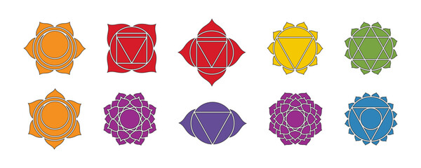 Chakra vector symbols signs, mystical esoteric, yoga and meditation. Buddhism, Hinduism. Set of seven colored Chakras meaning seven meditation wheel used in variety of ancient spiritual practices.