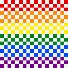 Groovy pattern. Geometric abstract LGBT backdrop. Pride Month Print. Background of colorful and white squares. Checkered wallpaper. Checkerboard rainbow colored background. Chessboard seamless pattern