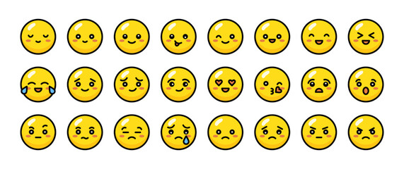 Emoji set. Cute yellow emotional faces. Set of colorful flat icons with different emotions and character. Sad and happy, funny and angry, laughing and crying. Round mood faces. Yellow emoticons.