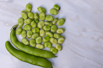 Freshly picked organic unshelled broad beans with two in shell on marble worktop
