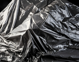 Close-up shot of wrinkled plastic wrap texture on a black background, suitable for abstract and modern designs.