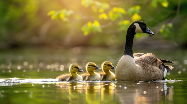Family of Canadian geese with ducklings