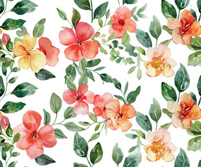 A Tiled Pattern of Watercolor Flowers and Vegetation