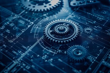 Detailed engineering blueprint of a mechanical gear system, dark blue background highlighting the design complexities focus on, mechanical efficiency, realistic, Manipulation, machine shop backdrop