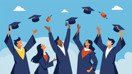 Like a flock of birds taking flight graduates launch their hats into the air a symbol of their newfound freedom and independence.. Vector illustration