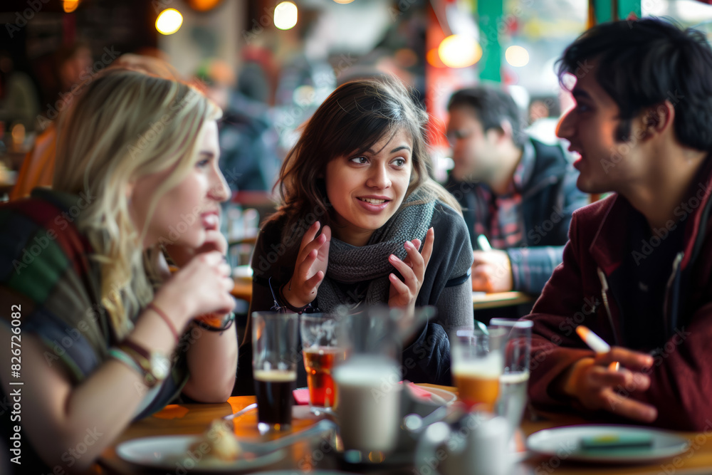 Poster friends engrossed in a lively debate at a cozy café, hands gesturing animatedly as they discuss dive