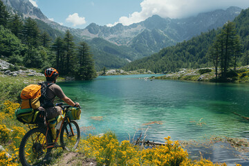 A cyclist taking a break by a crystal-clear lake, helmet off and water bottle in hand, enjoying the tranquil surroundings.