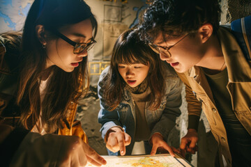 Friends navigating through an elaborate escape room, solving puzzles and unraveling mysteries together. Concept of teamwork and problem-solving. Generative Ai.