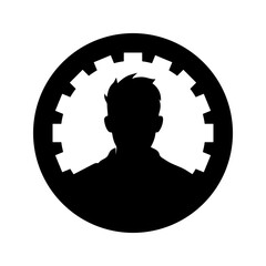 Vector illustration male profile icon. Black round logo with gear and male silhouette, representing engineering and workforce. Ideal for technical services, auto repair shop, professional branding.