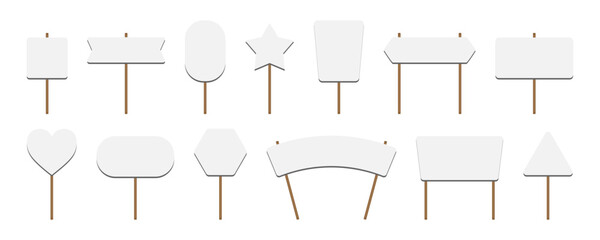 Picket sign set vector illustration, demonstration banner, protest placard. Vector picket banner frame. Flat empty boards with wood sticks, protest sign template. Blank demonstration banners set.