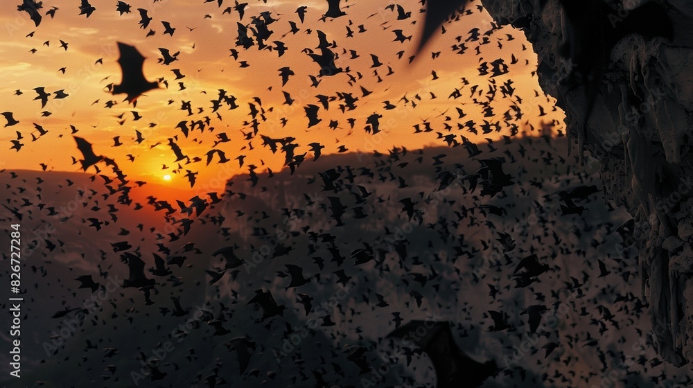 Poster a vast migration of bats emerging from a cave and flying towards their feeding grounds at twilight c