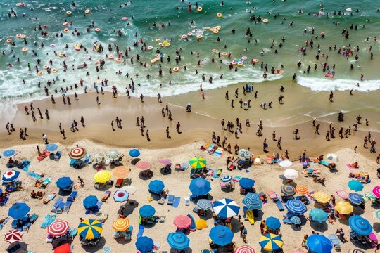 Aerial view of a crowded beach with colorful umbrellas and swimmers enjoying the surf