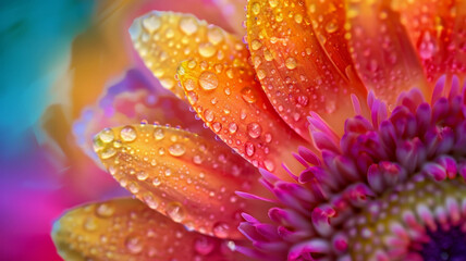 Extreme closeup on a colorful flower with water drops