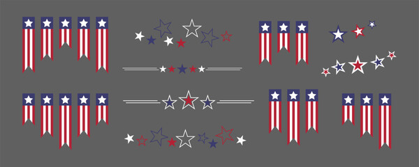 Memorial Day, US set for American national holiday. Veterans day USA set. Bunting flags and stars. Labor Day illustrations. 4th of July. United States decorative elements set. USA flags decorations.
