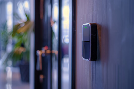 A sleek keycard reader mounted on the wall beside each hotel room door, granting access to guests with a simple swipe. Concept of modern convenience and security. Generative Ai.