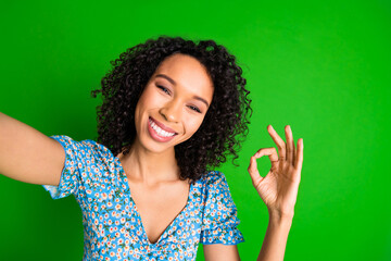 Photo of nice young woman make selfie show okey symbol wear top isolated on green color background