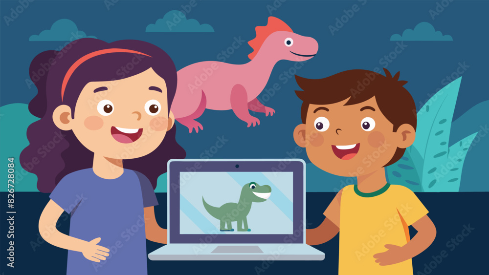 Poster a pair of siblings giggle as they take turns controlling the cursor on the laptop exploring a virtua
