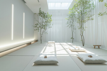 Fototapeta premium A tranquil meditation room furnished with cushions and soft lighting, providing guests with a serene space to practice mindfulness and reflection. Generative Ai.